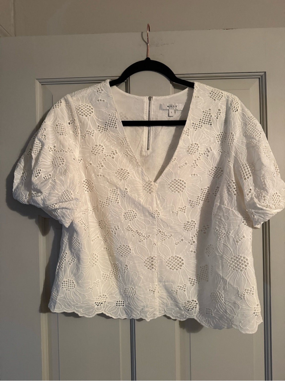 Milly White Eyelet V-Neck Puff Sleeve Blouse